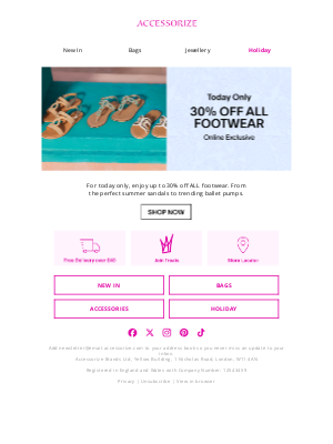 Accessorize USA - TODAY ONLY: 30% off all footwear
