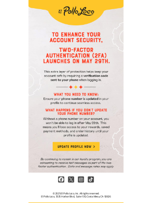 El Pollo Loco - Important: Two-Factor Authentication launches May 29th