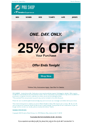Miami Dolphins - Today Only! 25% Off Your Order >>