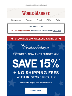 World Market - HURRY! 15% off Buy Online, Pick Up In Store ends soon.