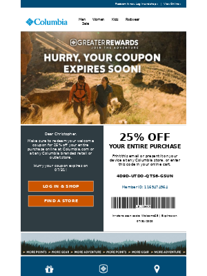 Personalized welcome offer from Columbia Sportswear