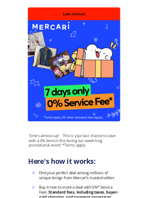 Mercari - Last chance to shop with a 0% Service Fee* 🤑