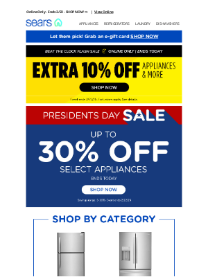 Sears - Final Day of Our Presidents Day Sale + Extra 10% Savings