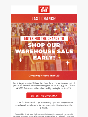 ⏳Ending soon! Enter for a chance to shop the Warehouse Sale early!