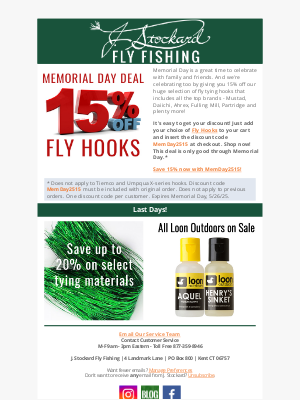 J Stockard Fly Fishing - Memorial Day Deal - 15% Off Fly Hooks