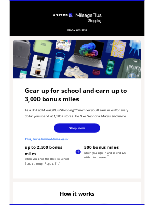 United Airlines - Limited time: Earn up to 3,000 bonus miles just for shopping
