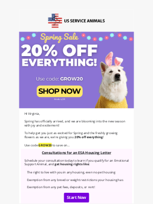 US Service Animals - Spring Into Action: Get 20% Off Now! 🌷