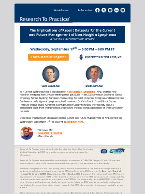 Research To Practice - CME/MOC Webinar on September 17th — Non-Hodgkin Lymphoma with Drs Carla Casulo and Brad S Kahl