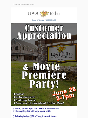 USA Kilts - Save the Date - USAK Open House + Movie Premiere!