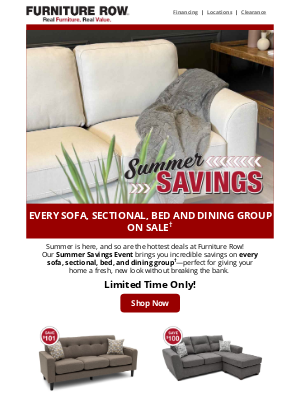 Furniture Row - Dive into summer savings — Every sofa, sectional, bed, and dining group on sale†   🥰💛