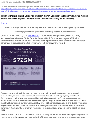 Truist Financial - Truist launches 'Truist Cares for Western North Carolina'--a three-year, $725 million commitment to support and sustain hurricane recovery and resiliency