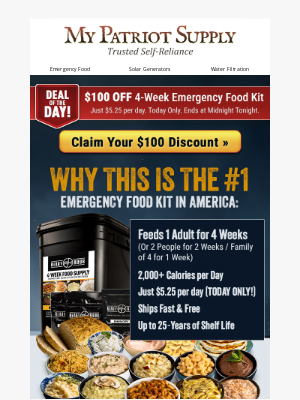 My Patriot Supply - TODAY ONLY: $100 Off Our Best-Selling Food Kit