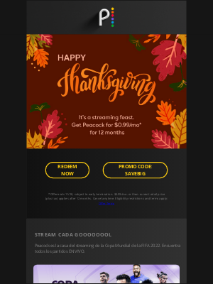 Peacock TV - Don’t miss Peacock’s Thanksgiving Day lineup |  $0.99/MO FOR 12 MONTHS