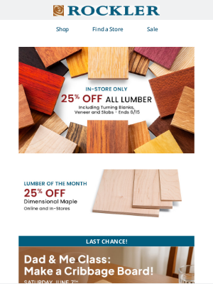 Rockler Woodworking and Hardware - In-Store Only — 25% Off Lumber and More Father's Day Savings at Your Fairfax Store!