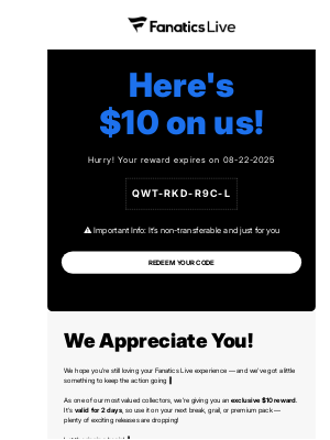 Fanatics Live - Here's $10 on us! 💰