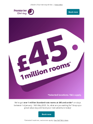 Premier Inn (United Kingdom) - 1 million rooms at £45? Yes please!