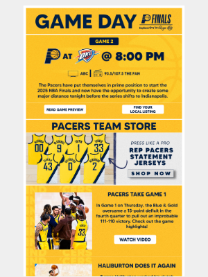 Indiana Pacers - Game 2 tonight at 8:00 PM ET