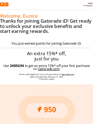 Gatorade - Welcome 👋 Here’s an extra 15% off