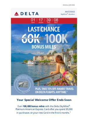 Delta Air Lines - Last Chance: Earn 100K Bonus Miles