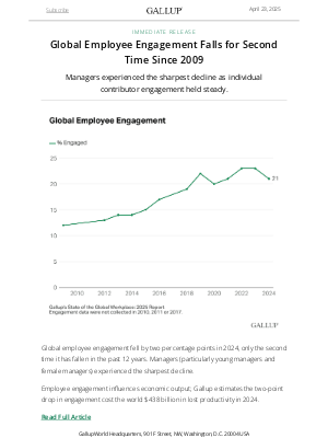 Gallup - Global Employee Engagement Falls for Second Time Since 2009