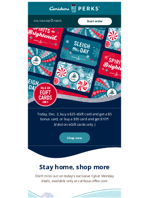 Caribou Coffee - Cyber Monday promo: buy an eGift card, get one for yourself!