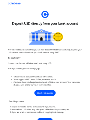 Coinbase - USD Deposit and Withdrawal Is Live!