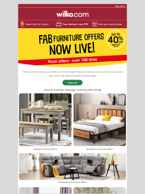 Wilko (United Kingdom) - FLASH OFFERS ⚡ Up to 40% OFF selected furniture!