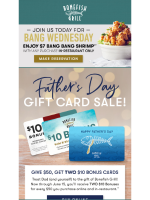 Carrabba's Italian Grill - Flash Sale Alert: Give $50 get TWO $10 Bonus Cards!