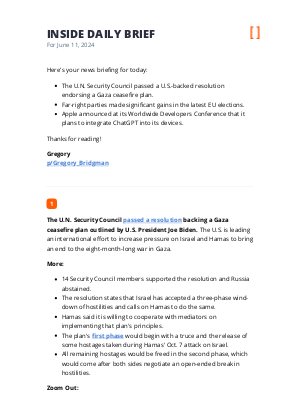 Inside - UN Security Council backs Gaza ceasefire plan / Far-right makes gains in EU elections / Apple to integrate ChatGPT into devices