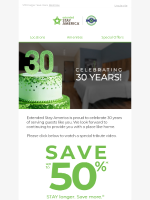 Extended Stay America - Celebrating 30 Years! Save up to 50%*