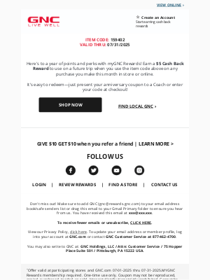 GNC - Here’s a $5 Cash Back Reward for your anniversary! 🎉