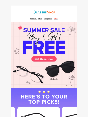 GlassesShop - 😍 Summer Sale Alert: Buy 1, Get 1 Free!