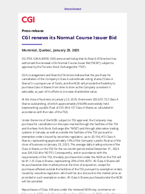 CGI - CGI renews its Normal Course Issuer Bid