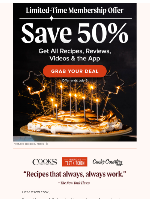 America's Test Kitchen - Save 50% on summer's best recipes: S'Mores Pie, Miso-Glazed Chicken Breasts, BBQ Beans...