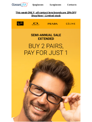 GlassesUSA - ✔️ Confirmed: Semi-annual sale extended for 1 day only! 🔴🔴🔴