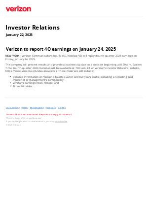 Verizon to report 4Q earnings on January 24, 2025