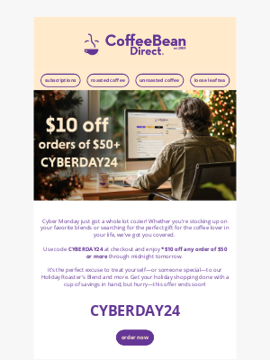 Coffee Bean Direct - $10 Off Your Favorite Coffee - Score Big on Cyber Monday