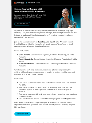 Palo Alto Networks - Live webinar: Securing Your AI Future: Integrating Palo Alto Networks Prisma AIRS with NVIDIA NeMo Guardrails