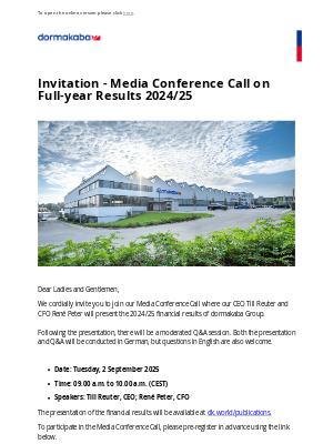 dormakaba - Invitation - Media Conference Call on Full-year Results 2024/25