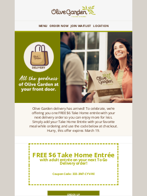 Olive Garden - Claim your FREE $6 Take Home Entrée with Delivery!