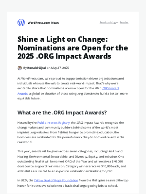 WordPress - Shine a Light on Change: Nominations are Open for the 2025 .ORG Impact Awards