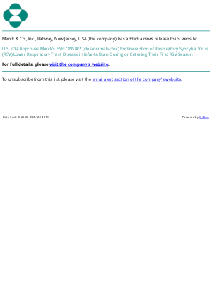 Merck & Co - U.S. FDA Approves Merck’s ENFLONSIA™ (clesrovimab-cfor) for Prevention of Respiratory Syncytial Virus (RSV) Lower Respiratory Tract Disease in Infants Born During or Entering Their First RSV Season