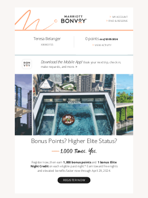 The Ritz-Carlton Hotel Company - Teresa's Account Update: Earn 1,000 Bonus Pts + 1 Bonus Elite Night Credit!