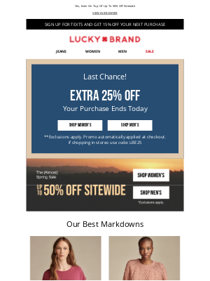 Lucky Brand - ENDS TODAY‼️ Extra 25% Off Online & In Stores