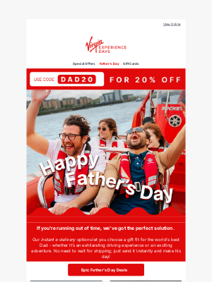 Virgin Experience Days (United Kingdom) - Last Chance for 20% Off Dad's Gift! ⏰