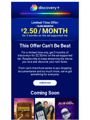 discovery+ - ⏳ Limited-Time Offer: $2.50/month for 3 months
