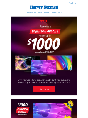 Harvey Norman (Australia) - Huge TCL TV Bonus* Digital Visa Gift Card Offer | Don't Miss Out!