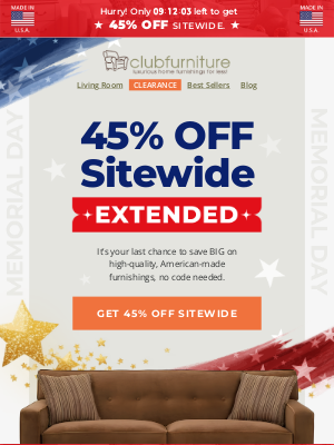 Club Furniture - 45% OFF everything: Memorial Day savings end tonight!