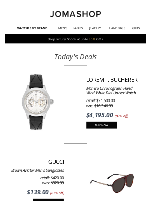 Jomashop - 🎱 TODAY ONLY: lorem F. Bucherer Chrono $4195 | Gucci Sunglasses $139 | Raymond Weil Men's $300 | Celine Wallet $389