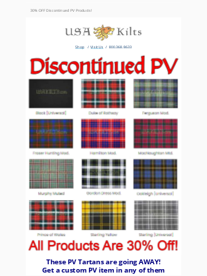 USA Kilts - 30% OFF Discontinued PV Products!